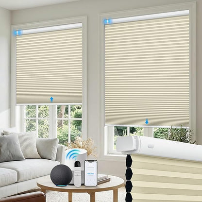 Motorized No Drill Cordless Cellular Shades, 1.5" Smart Electric Honeycomb Blind with Remote Control, Automatic No Drill Cellular Shades for Home and Office Indoor Window, Blackout Beige