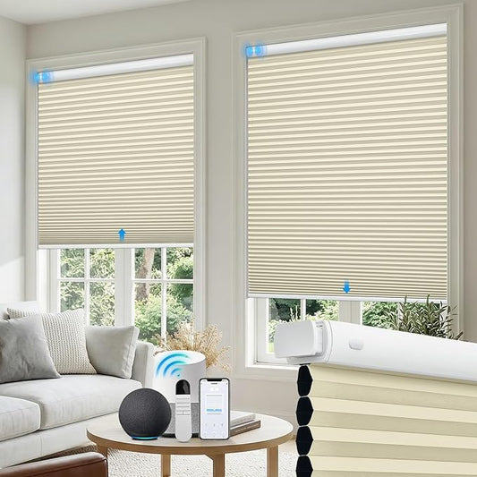 Motorized No Drill Cordless Cellular Shades, 1.5" Smart Electric Honeycomb Blind with Remote Control, Automatic No Drill Cellular Shades for Home and Office Indoor Window, Blackout Beige