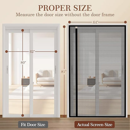 Yotache Reversible Left Right Side Opening Magnetic Screen Door Fits Door Size 62 x 80, Enjoy Breeze Net Curtain for Front, Balcony, Patio Sliding Door, Actual Screen Size 64" x 81"