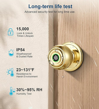 Fingerprint Door Lock, Smart Fingerprint Door Knob with Lock, Biometric Door knob with App Control & Key, Keyless Entry Door Locks for Bedrooms, Front Door, Home, Apartment Office-Polished Brass