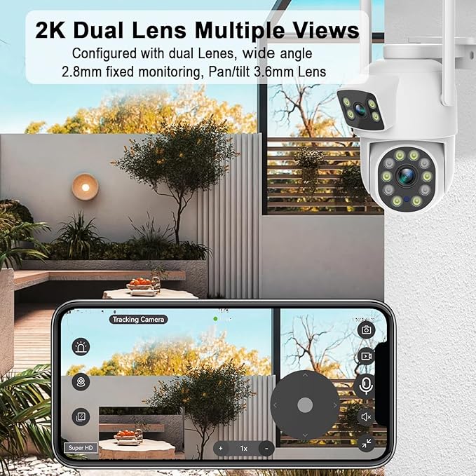 2K Dual Lens Outdoor Security Camera, 360° View Pan/Tilt 2.4G WiFi Wireless Linkage Cameras for Home Security, Home Surveillance Camera with Auto Tracking, Color Night Vision, Two-Way Audio