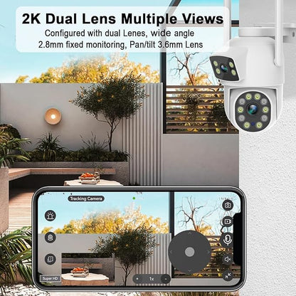 2K Dual Lens Outdoor Security Camera, 360° View Pan/Tilt 2.4G WiFi Wireless Linkage Cameras for Home Security, Home Surveillance Camera with Auto Tracking, Color Night Vision, Two-Way Audio