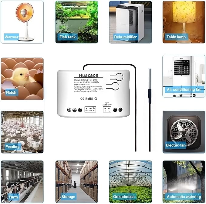 1CH Tuya Intelligent Temperature Sensor,85-250V Dry Contact Relay,Wireless Intelligent Monitoring,Temperature Control of Greenhouse Hatching Fish Tank seedlings,Compatible with Alexa Google Home