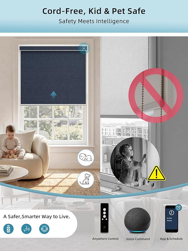 SmartWings Motorized Smart Blinds with Remote, Custom Automatic 100% Blackout Roller Shade Compatible with Alexa/Homekit/Google, Electric Smart Blinds for Indoor Windows, Eclipse Denim