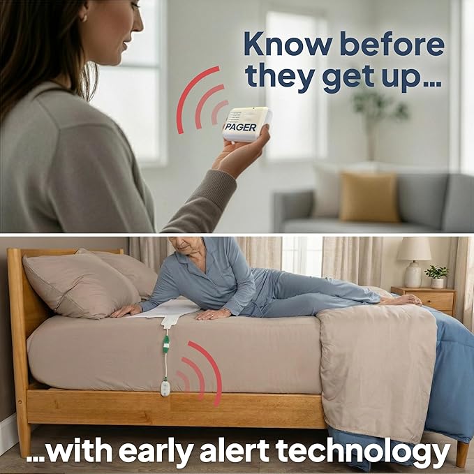 Smart Caregiver Bed Exit Alarm with Wireless Pager - Early Alert Fall Prevention for Seniors and Elderly - Weight Sensing Bed Pad Alerts Caregiver When They Get Up - USA Company and Customer Service