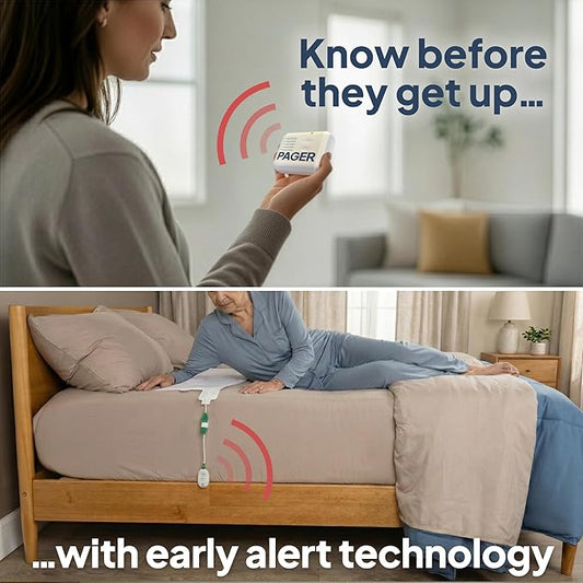 Smart Caregiver Bed Exit Alarm with Wireless Pager - Early Alert Fall Prevention for Seniors and Elderly - Weight Sensing Bed Pad Alerts Caregiver When They Get Up - USA Company and Customer Service