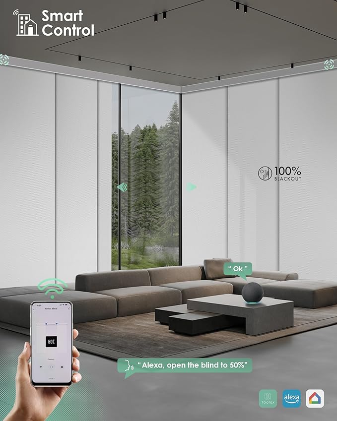 Yoolax Custom XL Smart Sliding Door Blinds, Motorized Sliding Panel Blinds Compatible with Alexa, Blackout Vertical Blinds for Glass Doors, Patio Doors, Closet Doors, Pure White