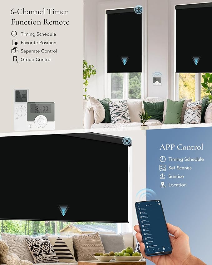 Motorized Blinds Compatible with Alexa Google Custom to 115" Width 100% Blackout Smart Blind Automatic Large Window Roller Shades Remote Control Vinyl Black