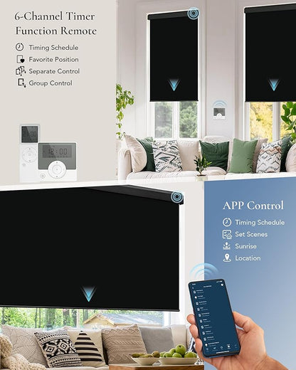 Motorized Blinds Compatible with Alexa Google Custom to 115" Width 100% Blackout Smart Blind Automatic Large Window Roller Shades Remote Control Vinyl Black