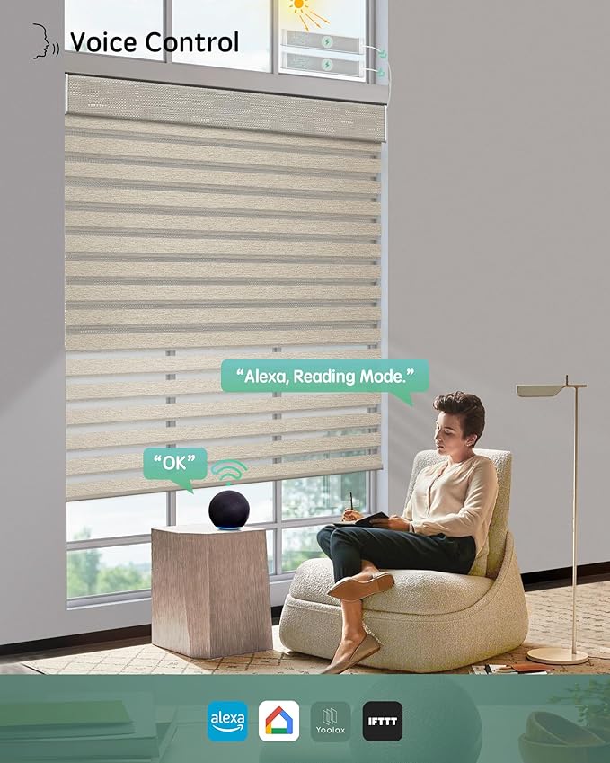 Yoolax Smart Dual Roller Shades, Motorized Blinds with Remote Smart Zebra Shades Compatible with Alexa, Blackout & Light Filtering Automatic Blinds for Windows (Zebra Coffee)