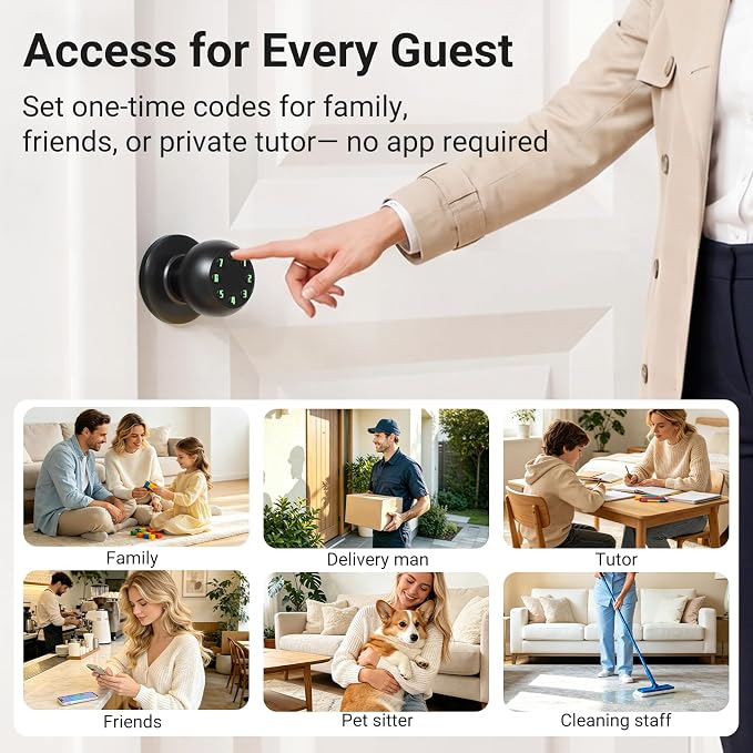 Smart Keypad Door Knob, Keyless Entry Door Lock with Auto Lock and Low Battery Alert, 50 User Codes, Easy Installation, Matte Black, for Front Door Bedroom Office Apartment