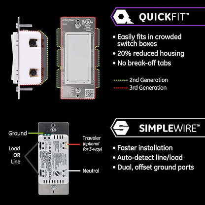 Enbrighten 43080 Zigbee in-Wall Smart Paddle Dimmer with QuickFit and SimpleWire, White/Almond