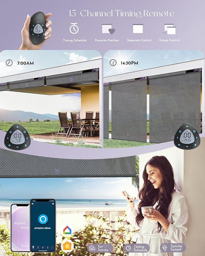 Graywind Motorized Outdoor Shades for Patio, Work with Alexa & Google, Solar Powered Electric Roller Shades for Outside, Custom Size (3% Openness, Black Pearl)