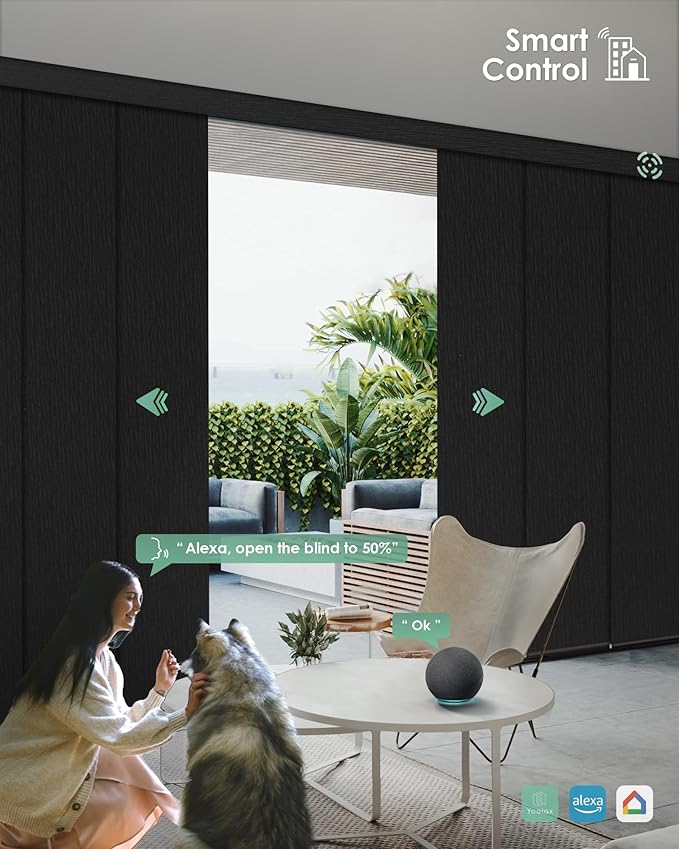 Yoolax Custom XL Smart Sliding Door Blinds, Motorized Sliding Panel Blinds Compatible with Alexa, Fabric Blackout Vertical Rechargeable Battery Shades for Glass Doors(Midnight Stripe Black)