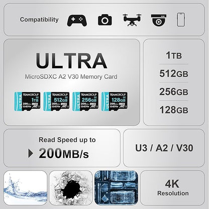 TEAMGROUP A2 Ultra Card 512GB MicroSDXC UHS-I U3 A2 V30, R/W up to 200/170MB/s for Nintendo Switch 1, Steam Deck, Gaming Devices, Tablets, Smartphones, 4K Shooting, with Adapter TULMSDX512GIA2V3022503