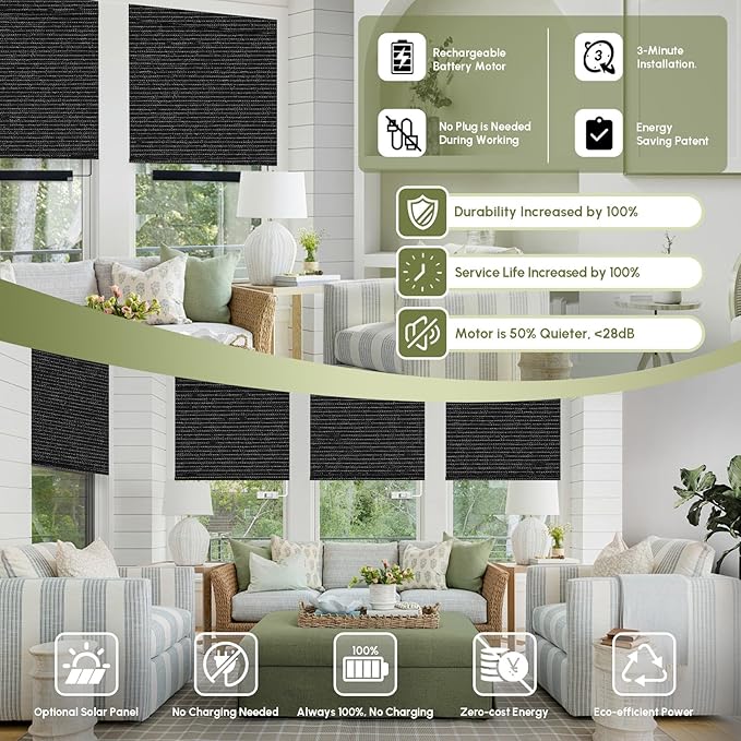 FineTell Motorized Blinds with Remote, 100% Blackout Roller Shades Work with Alexa,Apple Homekit,Google Home APP and Voice Control, Customized Electric Blinds (100% Blackout Eclipse Obsidian Black)