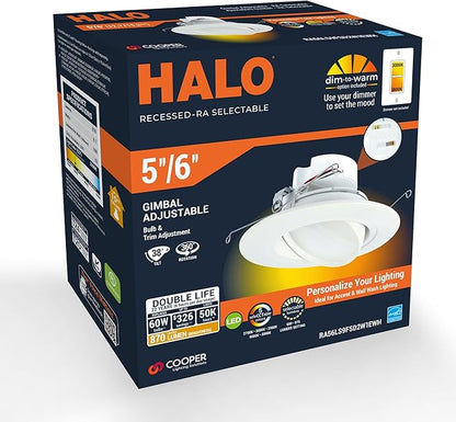 HALO RA 6 inch LED Recessed Light Trim with Adjustable Gimbal, Selectable Lumens and Selectable Color Temperature, Dim-to-Warm Feature, Damp Location Rated RA56LS9FSD2W1EWH