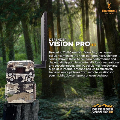 Browning Cellular Trail Camera Defender Vision Pro HD 24MP Trail Cam OVIX Camo Pattern Dual SIM Hunting Game Trail Camera, 110' Night Detection Range & Smartphone Cpompatible Camera
