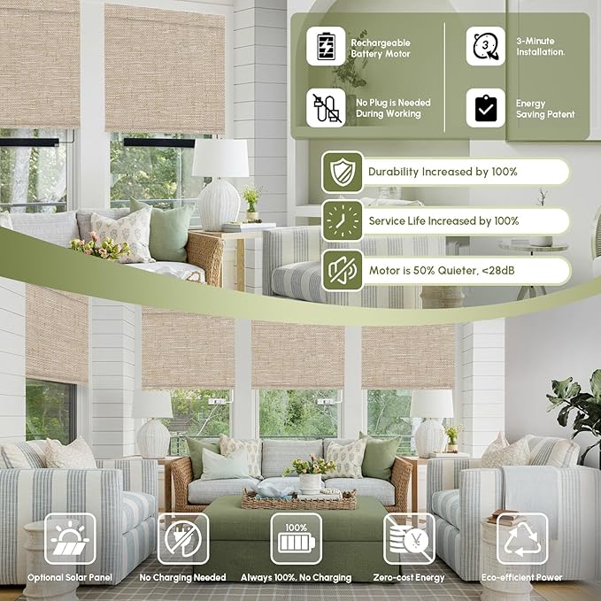 FineTell Motorized Blinds with Remote, 100% Blackout Roller Shades Compatible with Alexa,Apple Homekit,Google Home APP and Voice Control, Customized Electric Blinds (100% Blackout Linen Caramel)