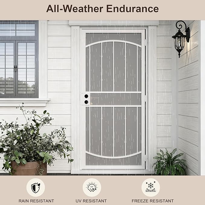 JUBEST 32" x 80" Steel Security Door, Universal/Reversible Outswing Security Screen Door, White Powder-Coated Surface Mount Frame with Expanded Metal Screen, Rust-Resistant, No Handles Included