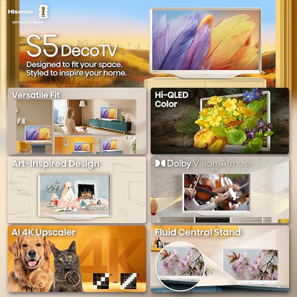 Hisense 43-Inch S5 DécoTV Series Hi-QLED 4K UHD Smart Fire TV (43S5QF, 2026 Model) – Versatile Fit, Hi‑QLED Color, Dolby Vision & Atmos, VRR Gaming, Stream Live TV Without Cable