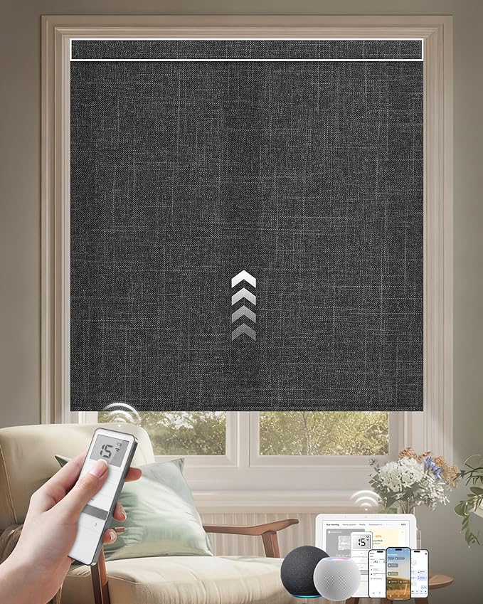 Kincmo Motorized Blinds with Remote, Light Filtering Roller Shades Work with Apple Homekit,Alexa,Google Home, Custom Electric Blinds with App,Voice Control (75% Blackout Meridian Midnight)