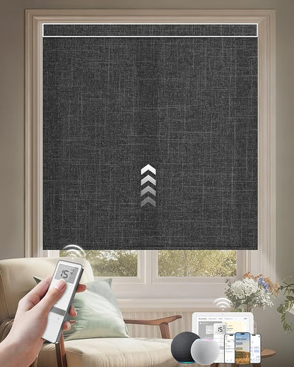 Kincmo Motorized Blinds with Remote, Light Filtering Roller Shades Work with Apple Homekit,Alexa,Google Home, Custom Electric Blinds with App,Voice Control (75% Blackout Meridian Midnight)