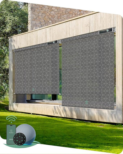Yoolax Customized Motorized Outdoor Shades, Smart Blinds Compatible with Alexa Google, Remote Control Waterproof Blinds for Patio Porch Windows Outside (3% Openness Geometric Black)