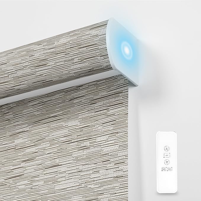 BERISSA Motorized Blinds with Remote,Blackout Smart Blinds for Windows,Jacquard Fabric,Remote Control,Thermal Insulated Automatic Blinds,Electric Blinds with USB/Solar Pannel.Maze Brwon