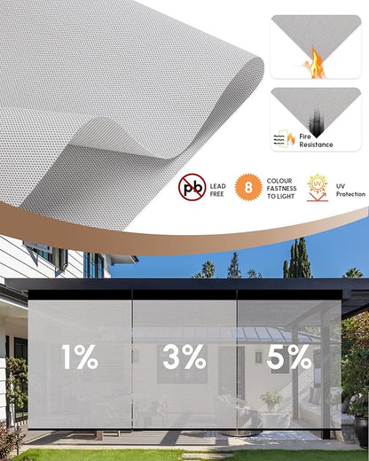 Kincmo Motorized Outdoor Shades for Patio Porch, Custom Outdoor Motorized Blinds with Remote, Waterproof & Windproof Patio Shades Work with Apple Homekit,Alexa,Google (1% Openness White Grey)