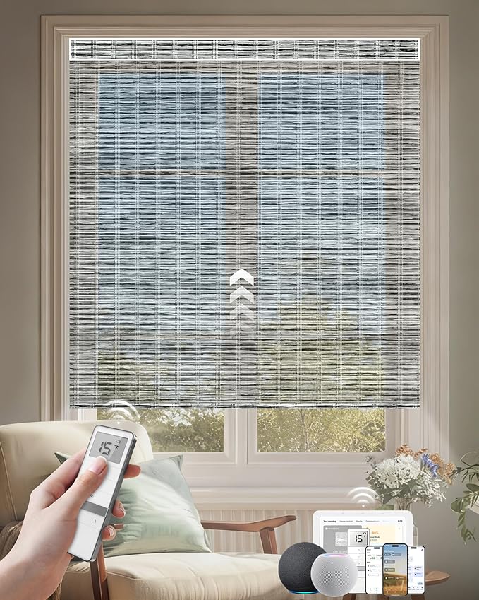 Kincmo Motorized Blinds with Remote, Light Filtering Roller Shades Work with Apple Homekit,Alexa,Google Home, Custom Electric Blinds with App,Voice Control (50% Blackout Woven Black)
