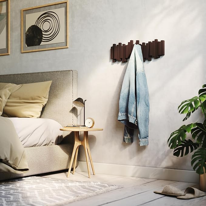 Umbra Sticks Wall Mount Coat Rack, 5 Hook Retractable Pegs, Espresso | Mounting hardware included, sculptural modern design, entryway or bedroom use, recycled plastic