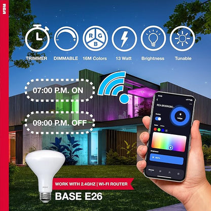 RCA WiFi LED Smart Light Bulb, 1-PK | Indoor Flood Light, 9W (60W Equiv) Multicolor & White LED Light Bulb, Dimmable & Tunable BR30 Smart Bulb, Google & Alexa Light Bulb Compat, Control from Anywhere