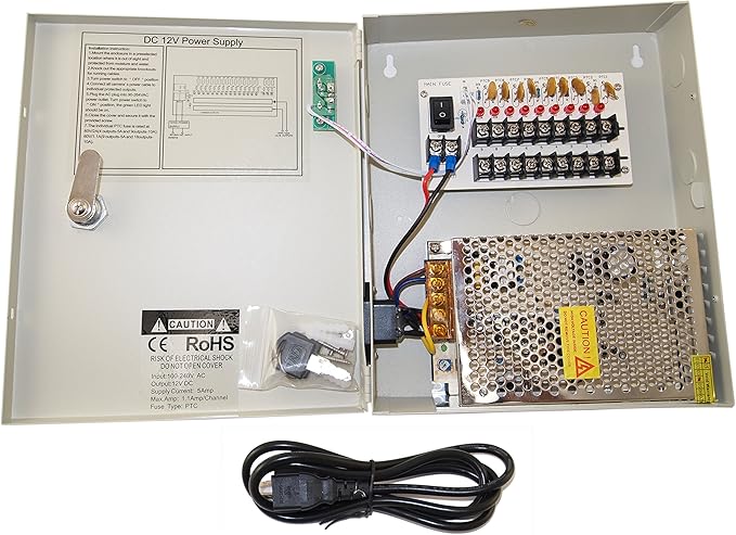 EVERTECH 8 Channel 9 Port Power Box Security Camera 12V DC 5A Ampere CCTV DVR Power Supply Switch Box Key Locked