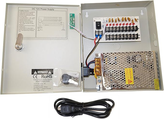 EVERTECH 8 Channel 9 Port Power Box Security Camera 12V DC 5A Ampere CCTV DVR Power Supply Switch Box Key Locked