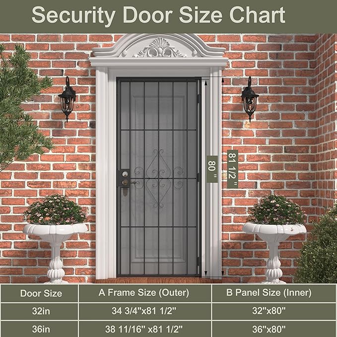 JUBEST 32 in. x 80 in. Security Screen Door, Reversible Powder Coated Black Surface Mount Outswing Steel Security Door with Expanded Metal Screen, Prehung Steel Exterior Doors, Durable&Safe
