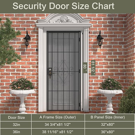 JUBEST 32 in. x 80 in. Security Screen Door, Reversible Powder Coated Black Surface Mount Outswing Steel Security Door with Expanded Metal Screen, Prehung Steel Exterior Doors, Durable&Safe