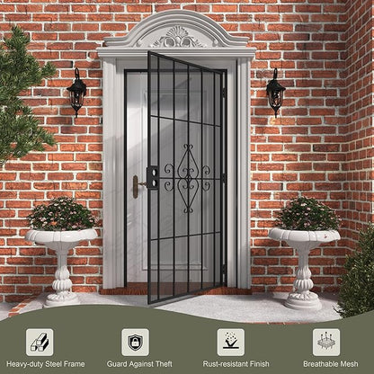JUBEST 36 in. x 80 in. Security Screen Door, Reversible Powder Coated Black Surface Mount Outswing Steel Security Door with Expanded Metal Screen, Prehung Steel Exterior Doors, Durable&Safe