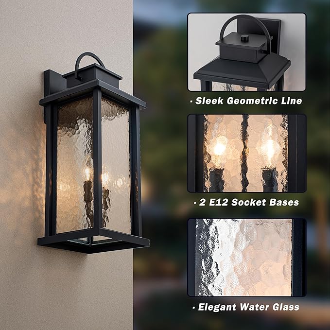 20 Inch Large Outdoor Light Fixture, 2-Light Porch Lights Outdoor Wall Lights with Water Glass, Matte Black Waterproof Exterior Lighting Fixtures Outside Lights for House