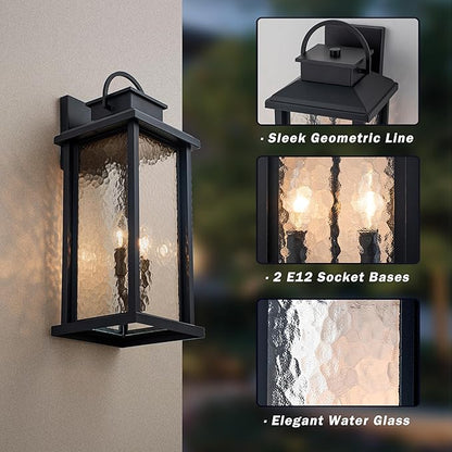 20 Inch Large Outdoor Light Fixture, 2-Light Porch Lights Outdoor Wall Lights with Water Glass, Matte Black Waterproof Exterior Lighting Fixtures Outside Lights for House