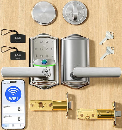 Veise VE029-E Wi-Fi Smart Lock with Handle & Non-Keyed Deadbolt, Fingerprint Keyless Entry Lock for Front Door, APP Remote Control, Keypad Electronic Digital Knob, IP65 Waterproof, Satin Nickel