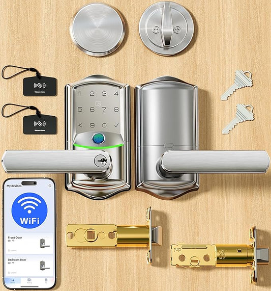 Veise VE029-E Wi-Fi Smart Lock with Handle & Non-Keyed Deadbolt, Fingerprint Keyless Entry Lock for Front Door, APP Remote Control, Keypad Electronic Digital Knob, IP65 Waterproof, Satin Nickel