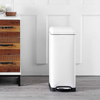 happimess HPM1007A Betty Retro 8-Gallon Step-Open Trash Can with Soft-Close Lid, Fingerprint Resistant, Modern, Minimalistic for Home, Kitchen, Laundry Room, Office, Bedroom, Bathroom, White