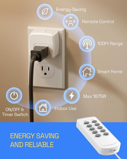 HBN Remote Control Outlet Indoor Remote Timer Outlet with 8 Timer Settings Plug‑in Power Switch RF Wireless Remote, Energy Saving Control for Lamps, Fans, Household Electronics