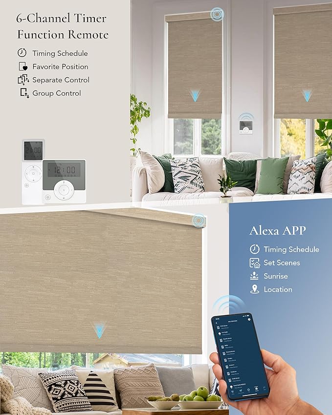 Motorized Blinds Compatible with Alexa Google 100% Blackout Smart Blind Automatic Window Roller Shades Remote Control Custom Size Jacquard Coffee