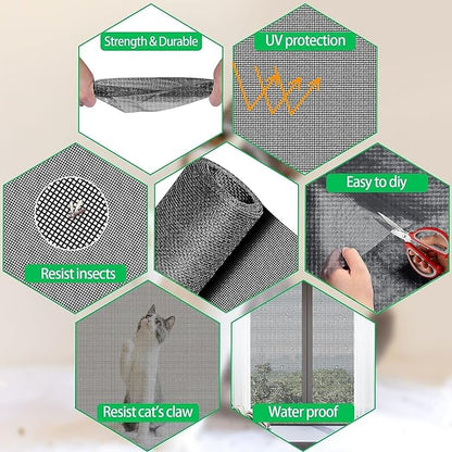 QWR Pet Proof Window Screen and Screen Door Replacement, 48"x 360" Upgraded Durable Thickened Vinyl Coated Wire-Like Mesh for Sliding Screen Door,Patio,Windows(Rolled Package Without Tool Kit)