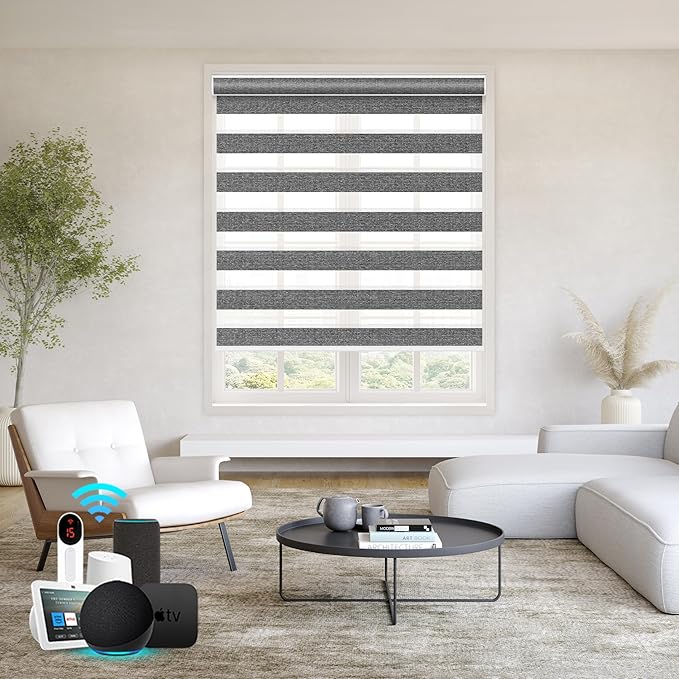 Bringnox Smart Motorized Zebra Roller Blinds - 85% Blackout, Remote Control, Works with HomeKit, Google Home & Alexa via Hub, Custom Size(85% Blackout Wave Black-37)