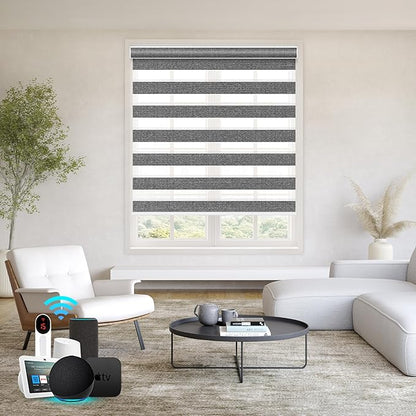 Bringnox Smart Motorized Zebra Roller Blinds - 85% Blackout, Remote Control, Works with HomeKit, Google Home & Alexa via Hub, Custom Size(85% Blackout Wave Black-37)