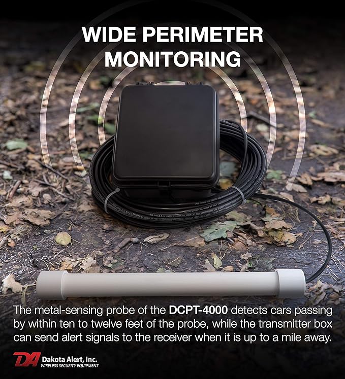 Dakota Alert Driveway Alarm Sensor - DCPT-4000 Driveway Alarms Wireless Outside Weatherproof Vehicle Sensor, 1 Mile Long Range Sensors, Vehicle Detecting Probe Transmitter & 50' Direct Burial Cable