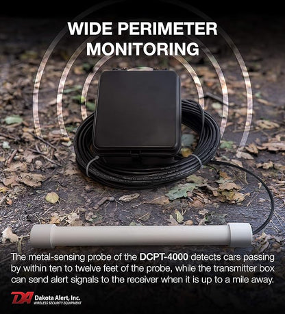 Dakota Alert Driveway Alarm Sensor - DCPT-4000 Driveway Alarms Wireless Outside Weatherproof Vehicle Sensor, 1 Mile Long Range Sensors, Vehicle Detecting Probe Transmitter & 50' Direct Burial Cable